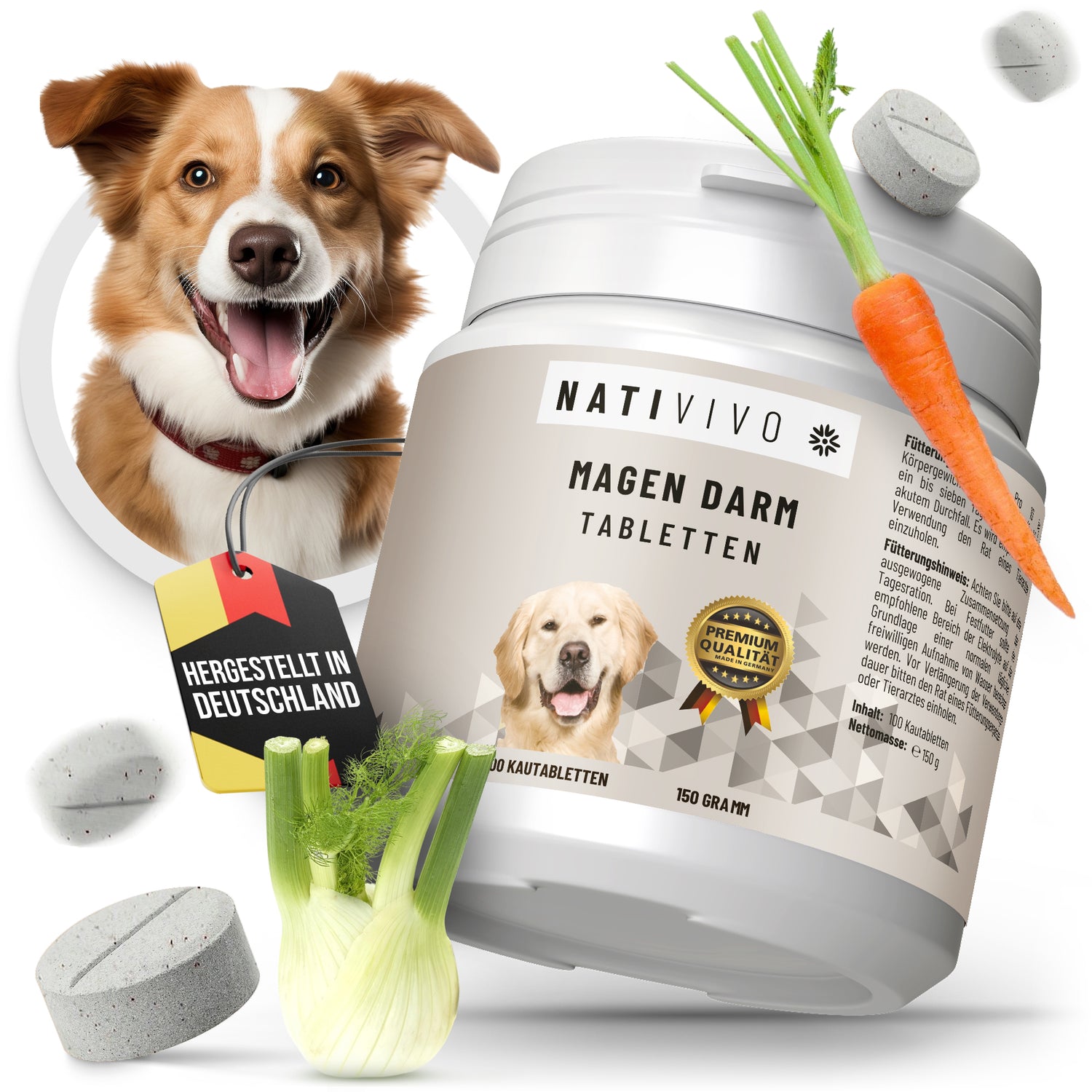 NatiVivo Gras und Kotfresser Drops Alternative Dia Tab für Hunde Probiotika Hund unterstützt bei Gras & Kotfressen, Sodbrennen, Durchfall und Erbrechen – Diatabs für Hunde 100 Tabletten