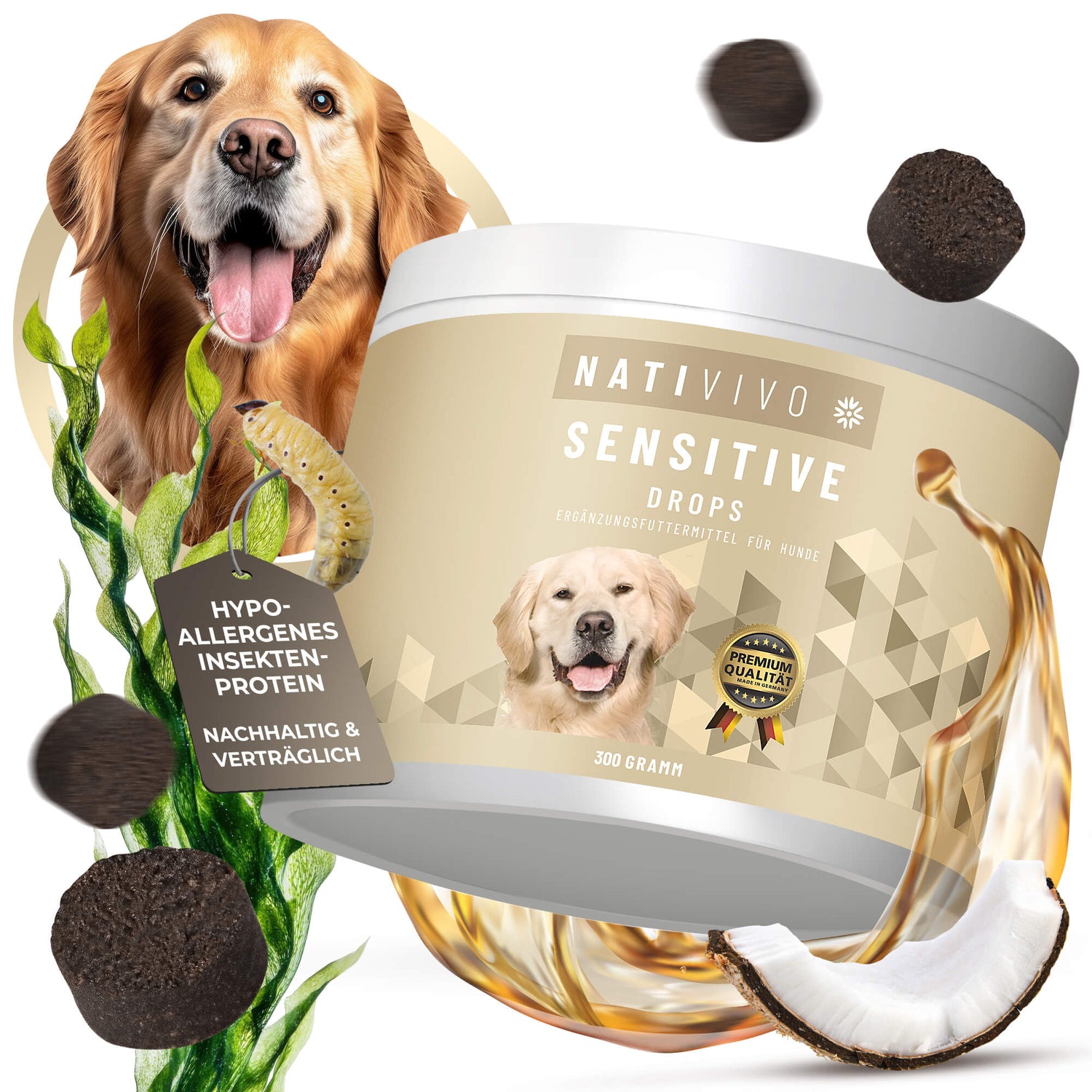 Sensitive Drops Hundeleckerli Hundesnack mit Insektenprotein, Flohsamenschalen & Superfoods – leicht verdaulich