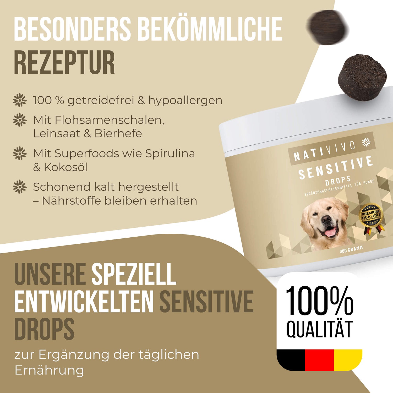 Sensitive Drops Hundeleckerli Hundesnack mit Insektenprotein, Flohsamenschalen & Superfoods – leicht verdaulich