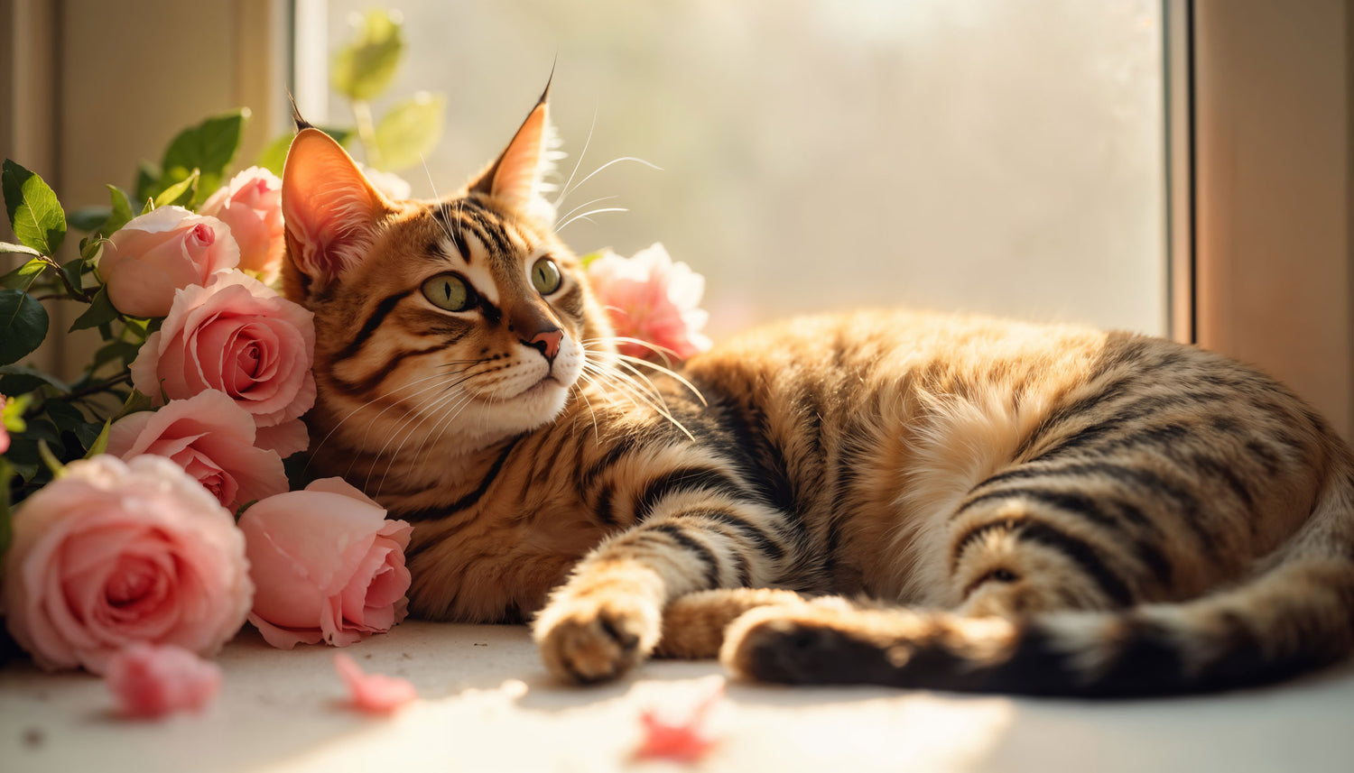 Entzückendes Porträt eines Haustiers, umgeben von Blumen