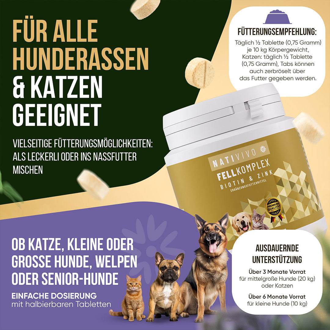 Biotin & Zink Fellkomplex für alle Hunderassen & Katzen geeignet mit Fütterungsempfehlung
