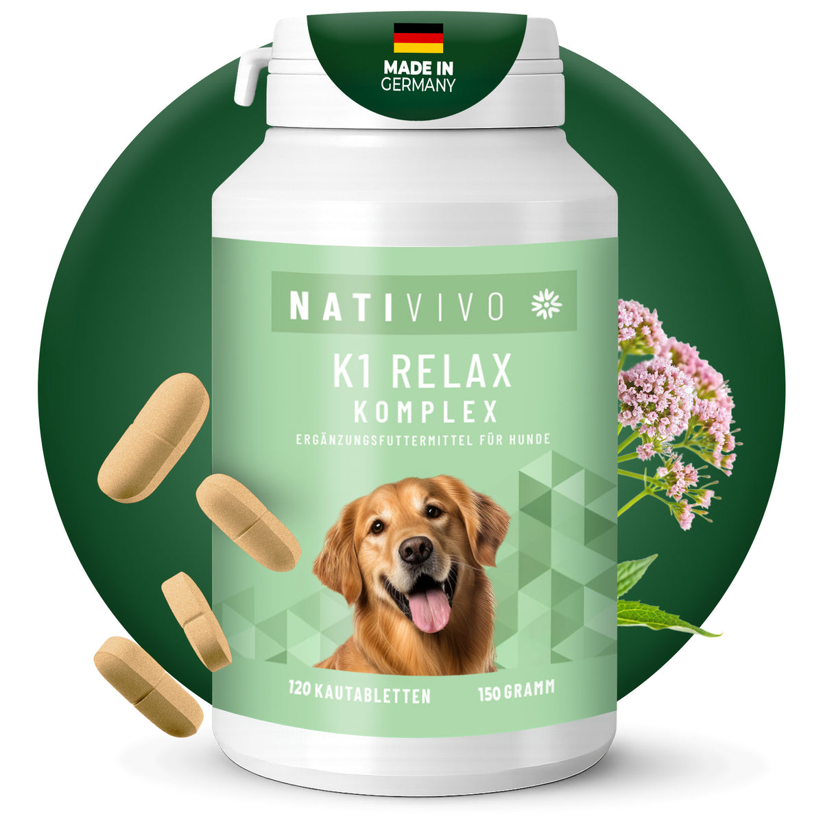 NatiVivo Premium Hunde Relax Komplex – mit Baldrian, Hanfsamenöl & natürlichen Inhaltsstoffen - Unterstützt Ruhe, Gelassenheit & Ausgeglichenheit im Alltag